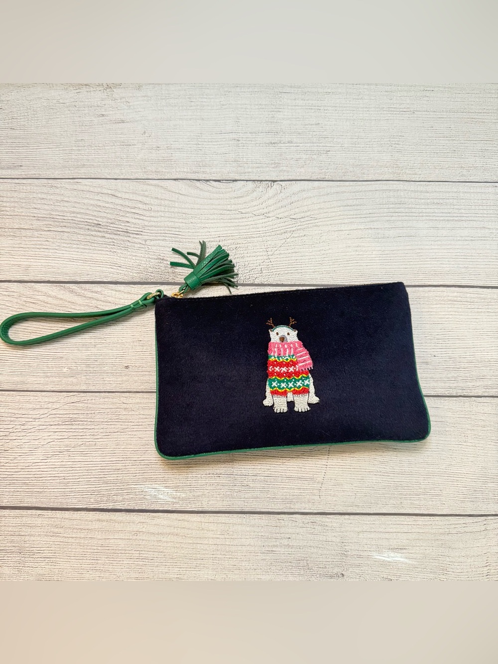Talbots Navy Wristlet Clutch with Green Trim and Tasseled Strap - NWOT